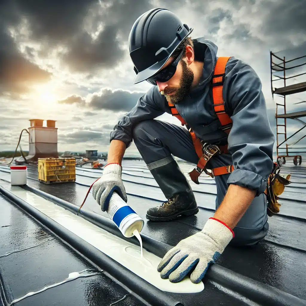 A professional roofer, or 'étancheur', performing waterproofing work on a commercial building's roof. The image shows the worker applying a thick layer of waterproof sealant to prevent leaks. The worker is wearing protective gear such as gloves, helmet, and safety glasses. The background shows a cloudy sky, with construction tools and materials spread out on the roof. The photo highlights a focused worker completing his task in a meticulous and precise manner.