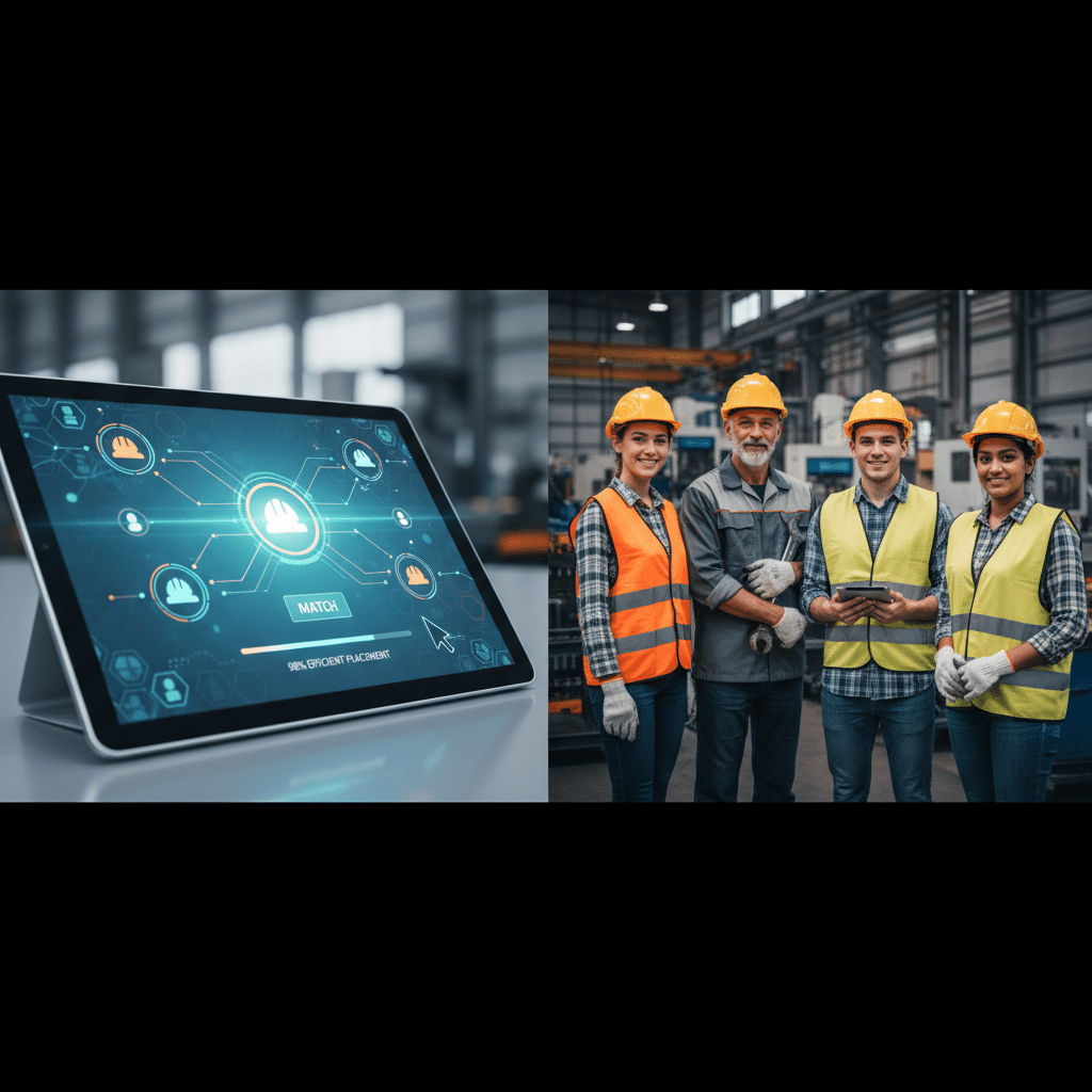 Plateforme de mise en relation numérique et groupe diversifié de travailleurs industriels.