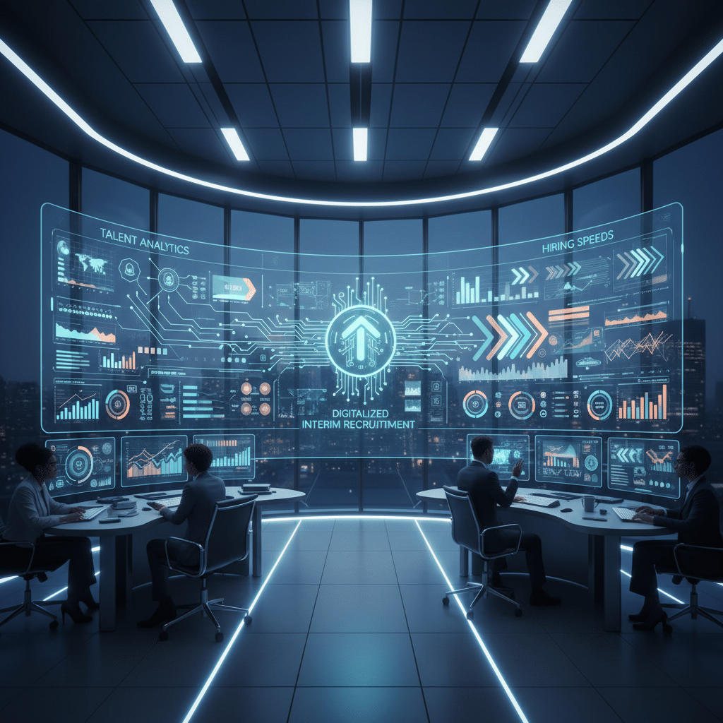 Tableau de bord high-tech montrant l'analyse des talents et la vitesse d'embauche.