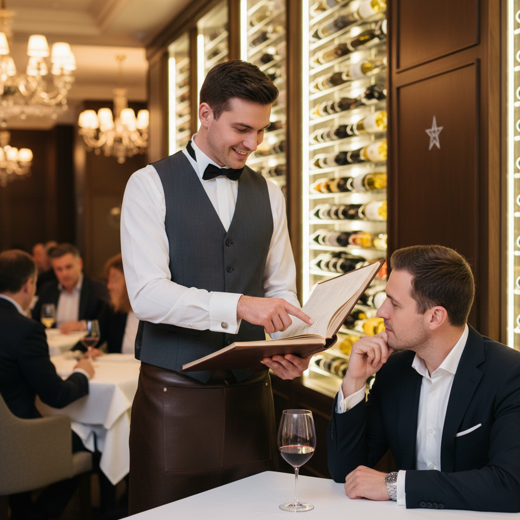 Chef de rang expliquant la carte des vins dans un restaurant étoilé.