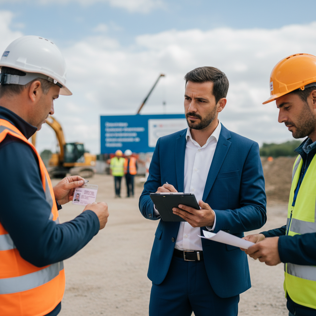 Un inspecteur du travail contrôle les documents sur un chantier professionnel.
