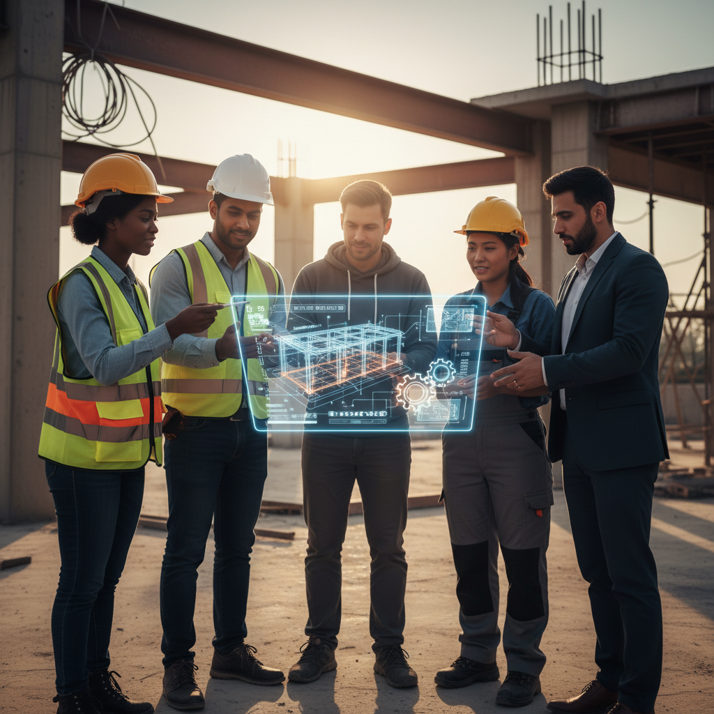 Équipe d'ingénieurs et ouvriers examinant un plan technique.
