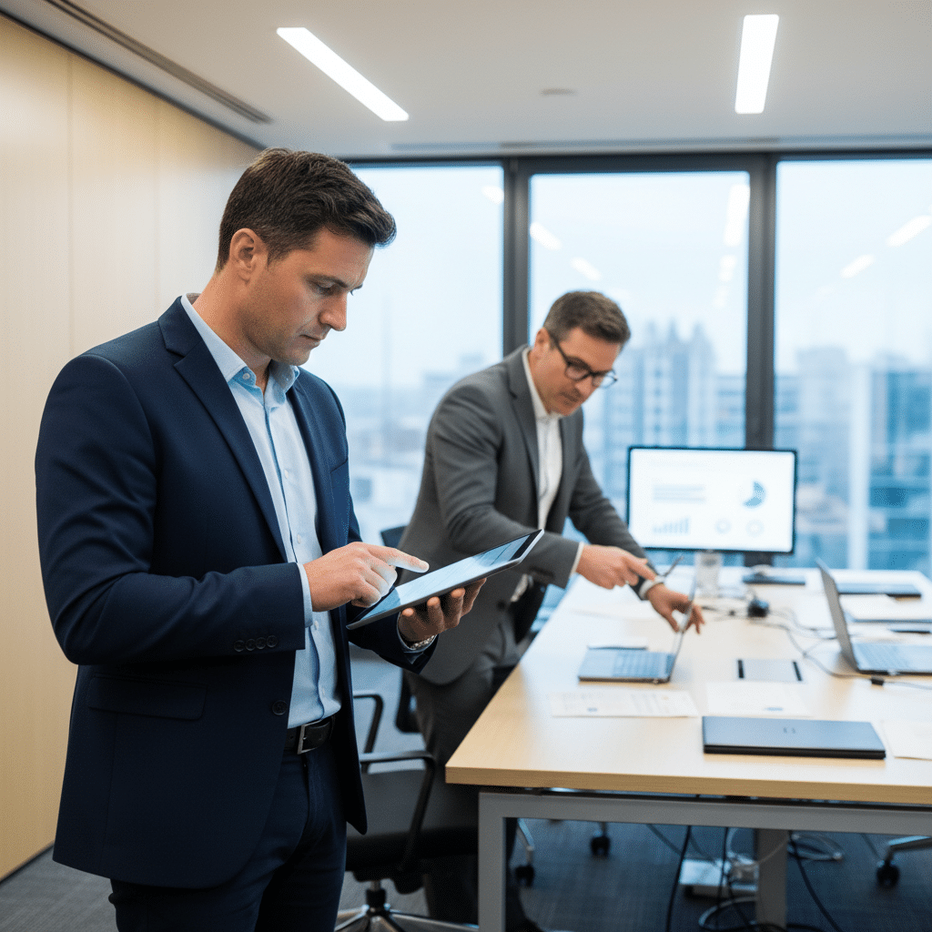 Inspecteur du travail vérifiant la conformité sur tablette.