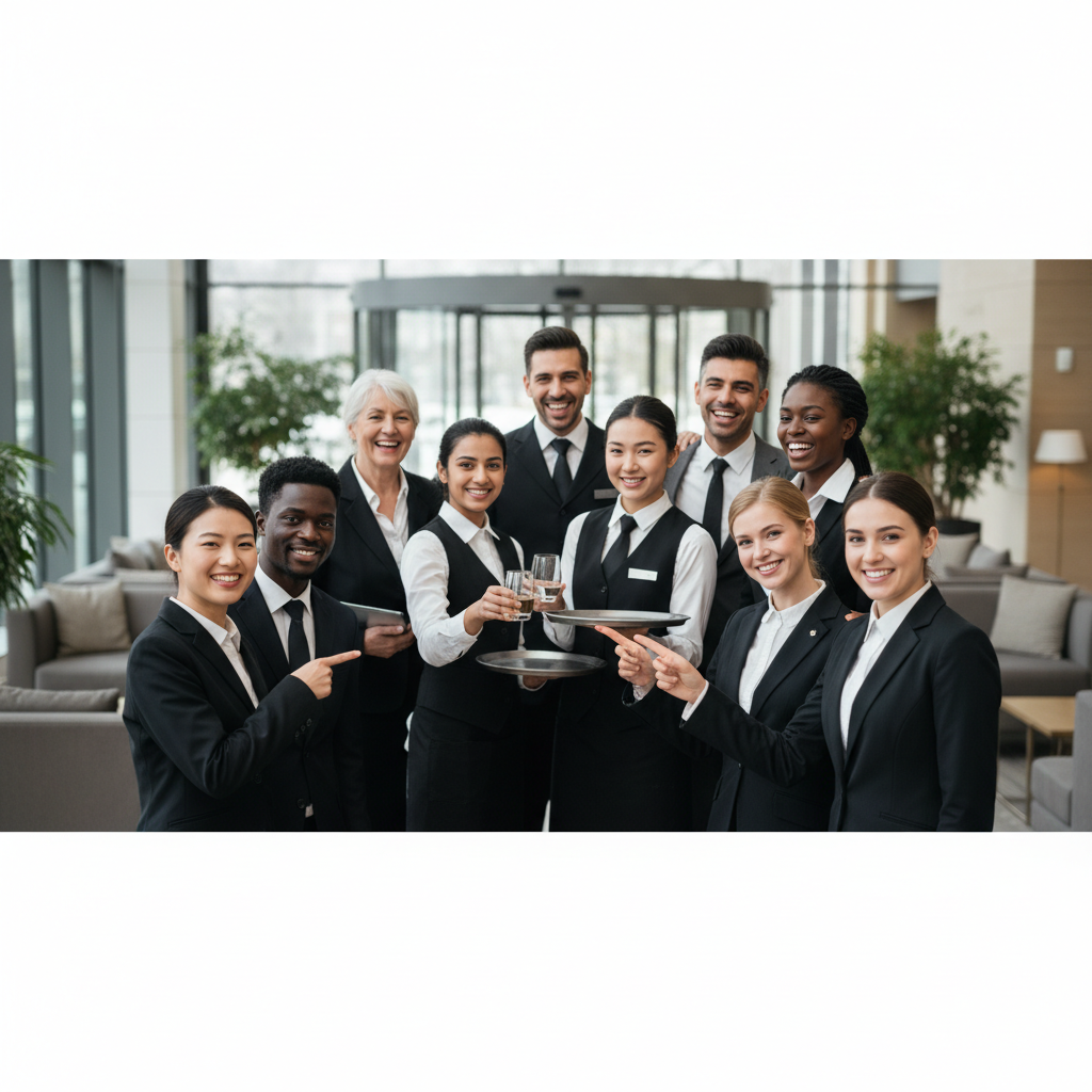 Équipe internationale souriante de personnel hôtelier, symbolisant la collaboration.