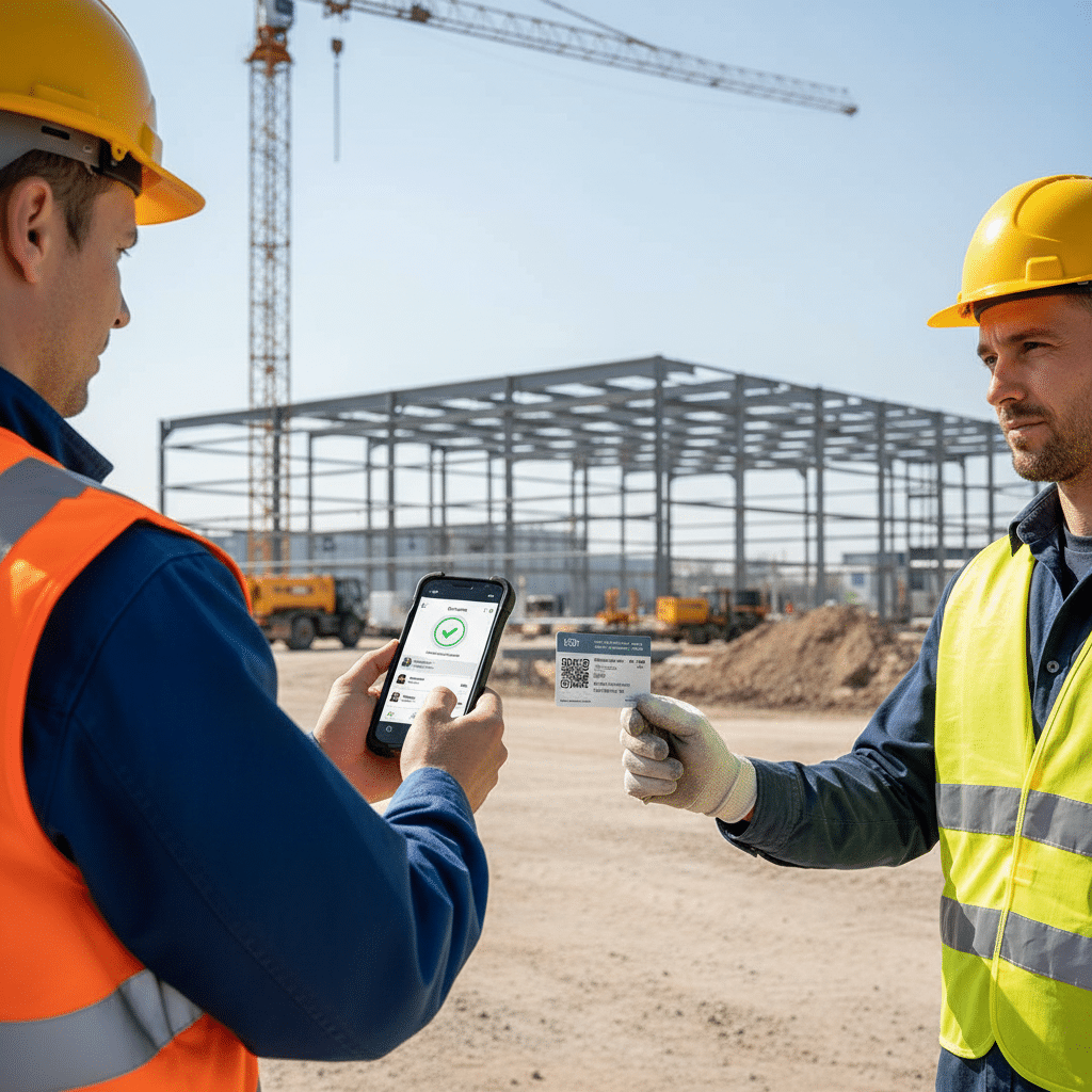 Inspecteur vérifiant une carte BTP sur un chantier avec un smartphone.