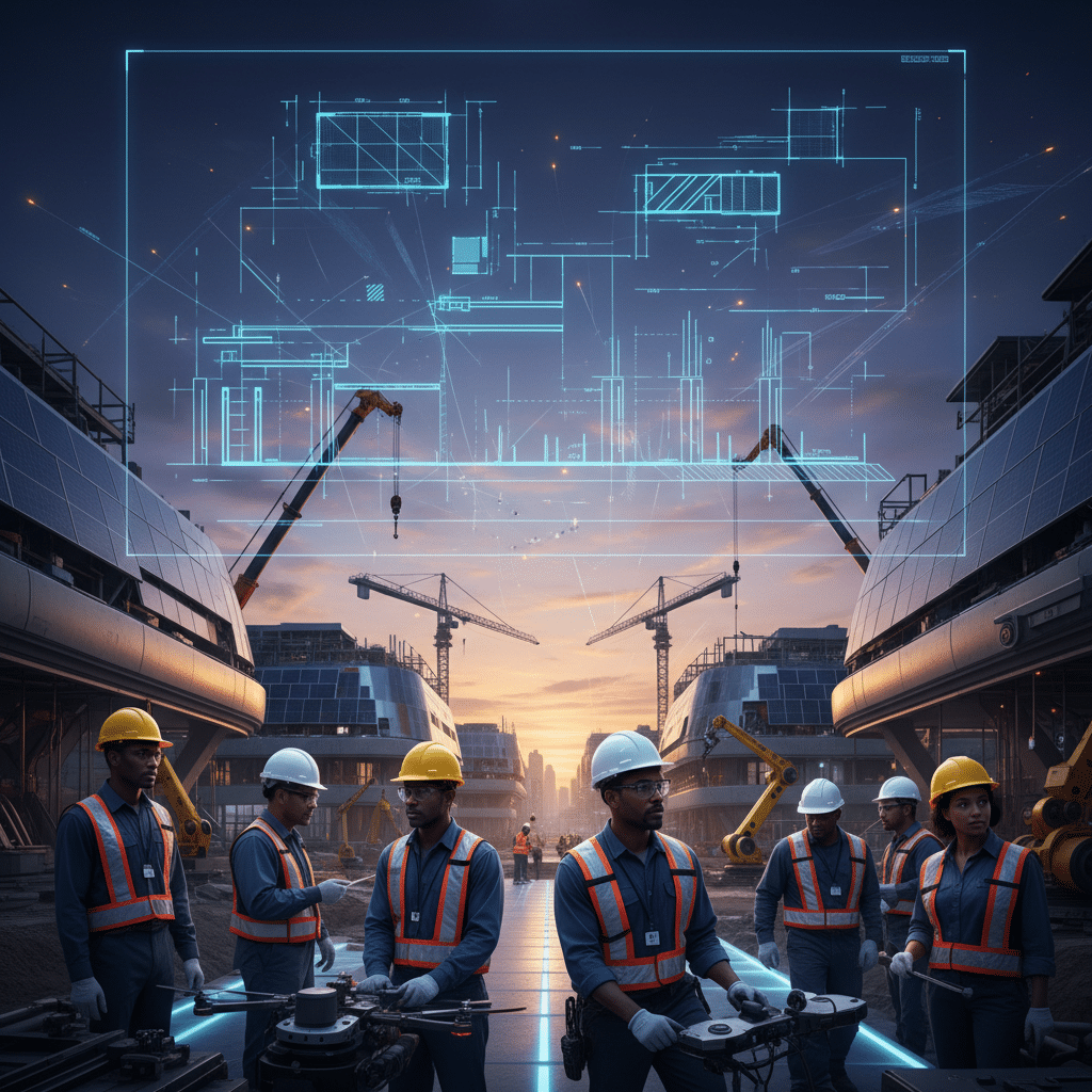 Plan architectural futuriste superposé à un chantier, symbolisant la technologie et la main-d'œuvre internationale.