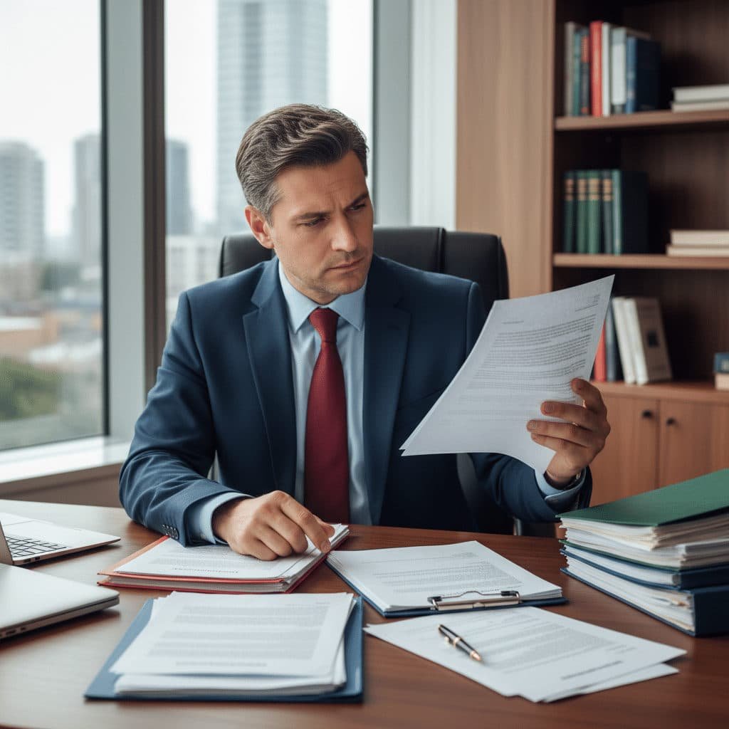 Un avocat examine des contrats pour la conformité légale.